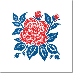 Scandinavian folk art roses red and blue Posters and Art